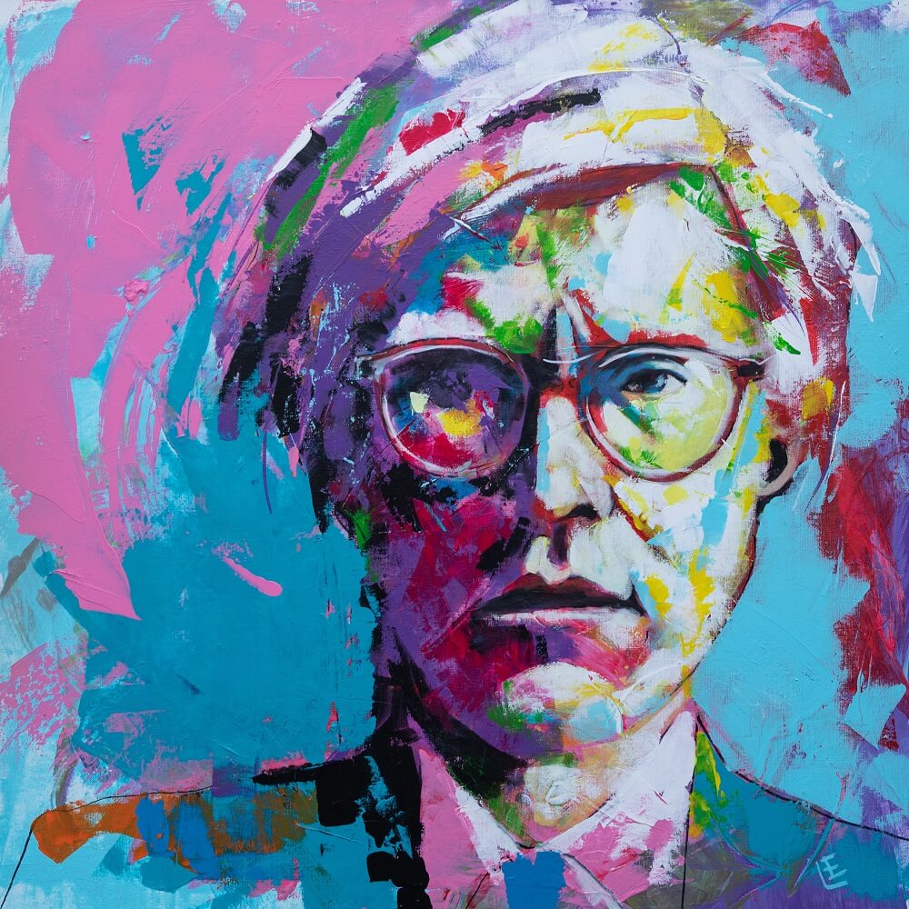 A colorful, predominantly pink and blue portrait painting of John Lennon.